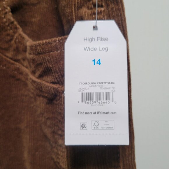 Time And Tru Women’s Size 14 Corduroy High Rise Wide Leg Pants 30" Inseam Brown - Picture 4 of 7